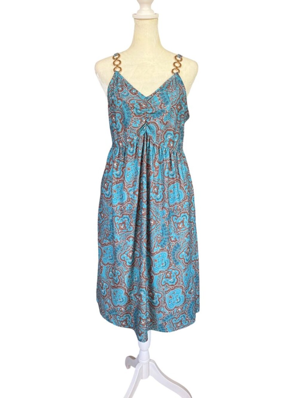Women's blue and brown summer dress with pockets decorative gold rings size L